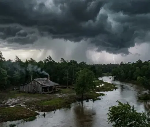 a shack by the river after a storm