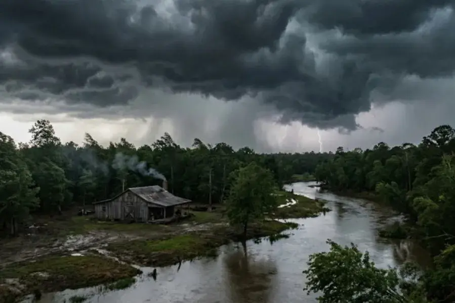 a shack by the river after a storm