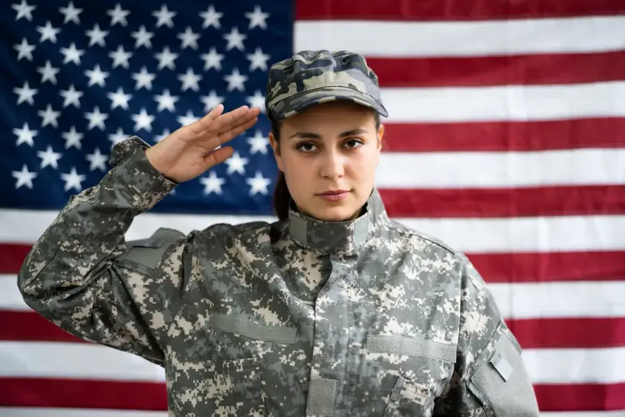 Soldier saluting in front of the American flag
